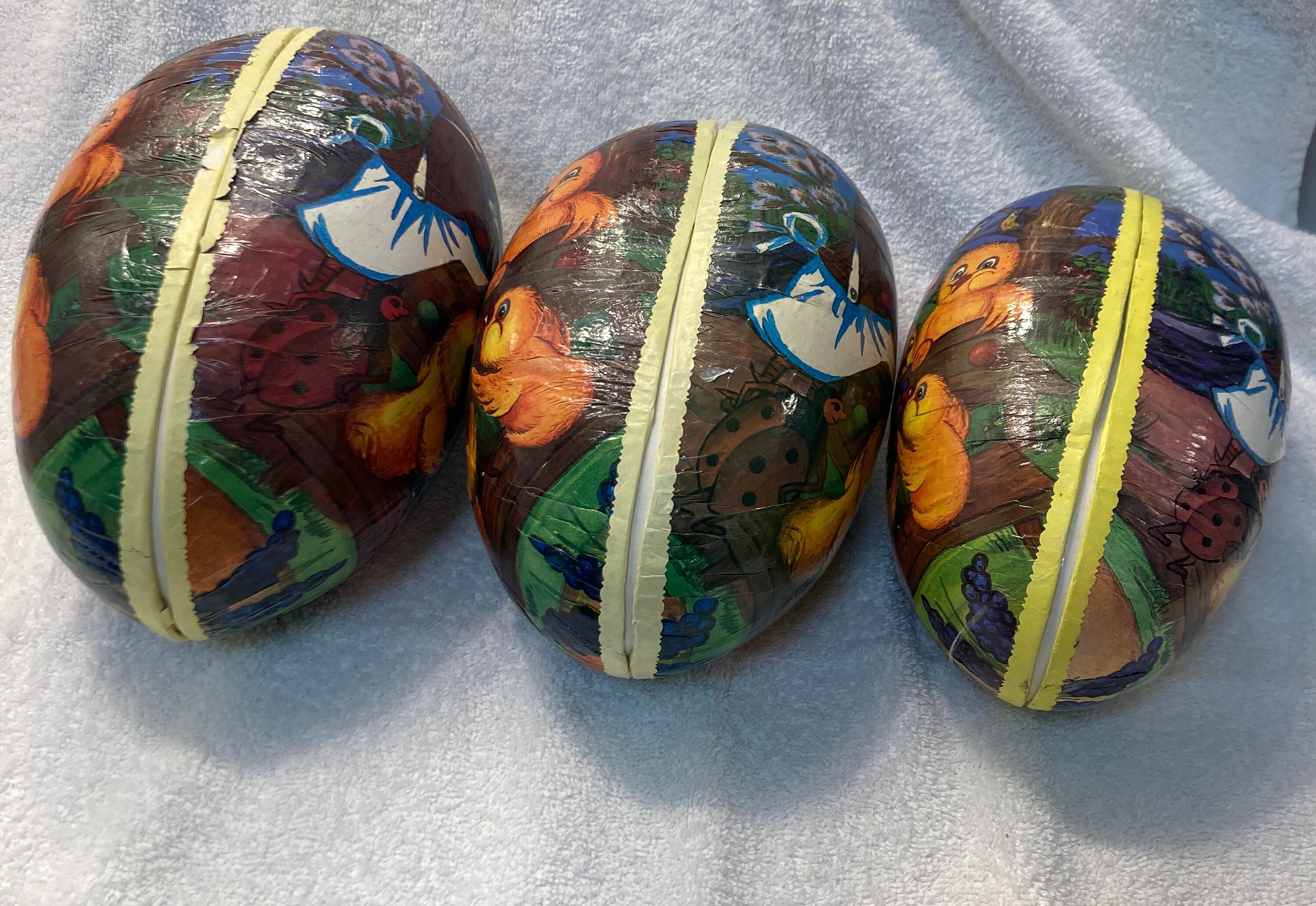 German Paper Mache Fillable Nesting Easter Eggs, Picnic Chicks, Set of