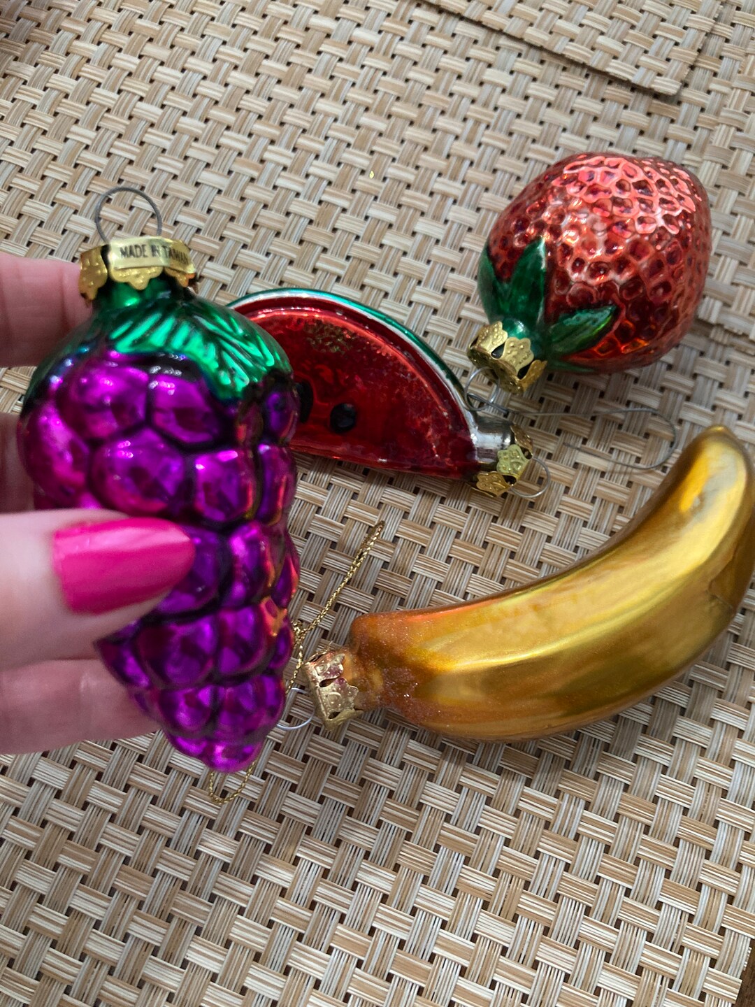 Vintage Set of 4 Colorful Glass Fruit Christmas Ornaments, Banana