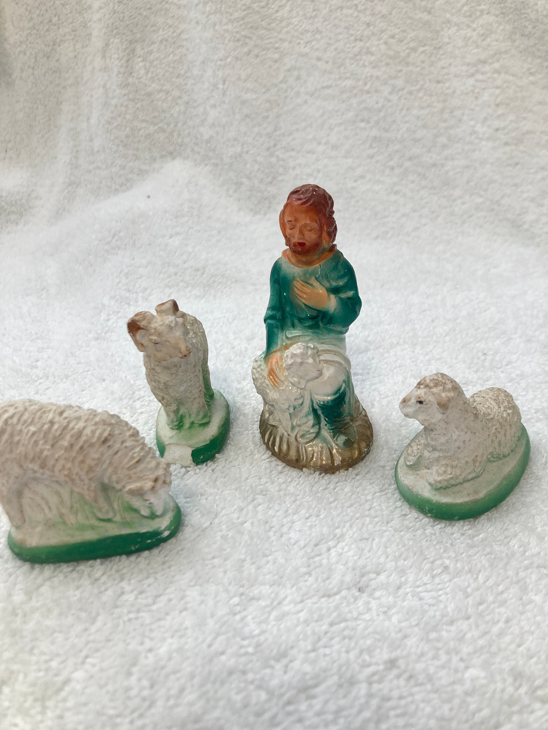 Nativity Plaster Shepherd Figurine, Kneeling With Lamb at His Side