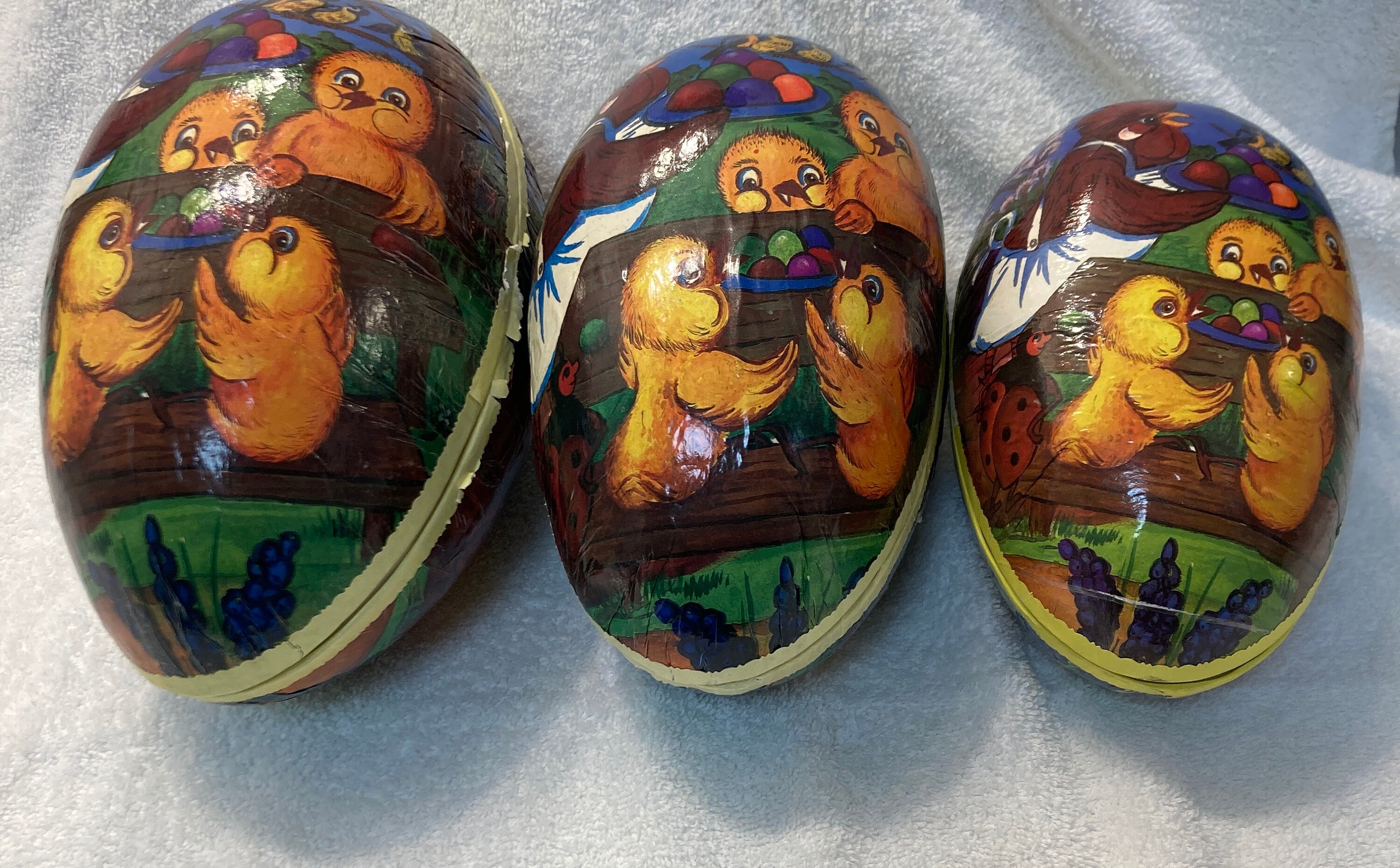 German Paper Mache Fillable Nesting Easter Eggs, Picnic Chicks, Set of