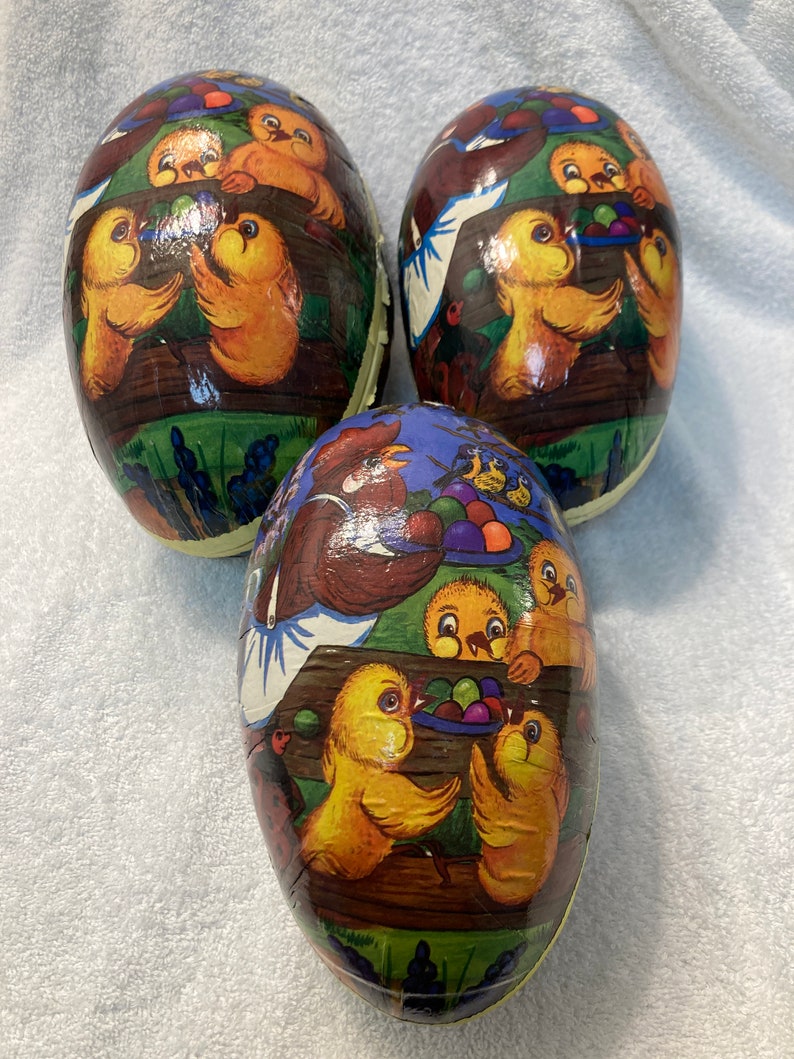 German Paper Mache Fillable Nesting Easter Eggs, Picnic Chicks, Set of