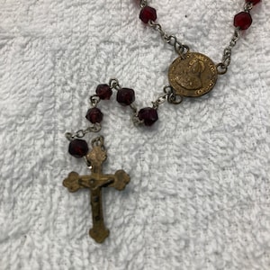 Vintage Dark Red Glass Beaded Rosary - Sacred Heart Medallion