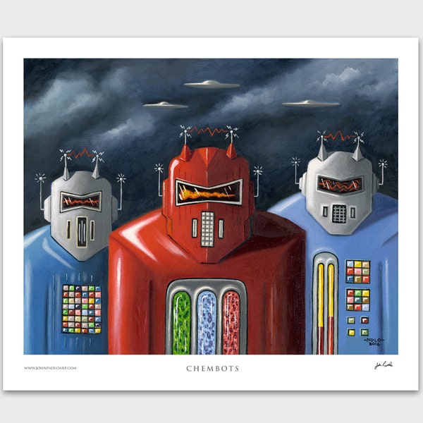 Chembots Poster Print, 13" x 15", Vintage Robots, Tin Robot Artwork, UFO, Area 51, Retro Poster, John Padlo