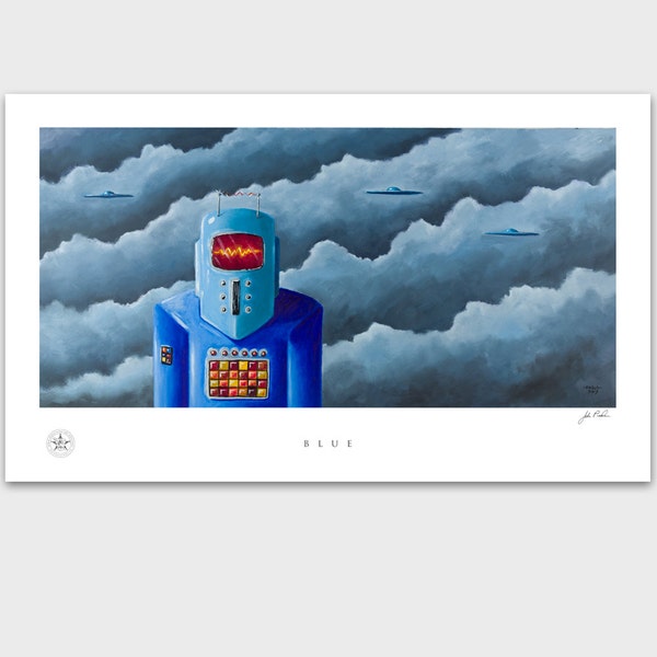 Blue Artwork Print - Vintage Tin Robot - Space Man - UFO - Roswell - Artwork Poster Print