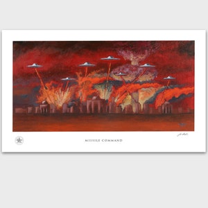 May include: A painting depicting a city under attack by flying saucers. The city is engulfed in flames and smoke, with explosions erupting in the background. The saucers are firing beams of light at the city. The painting is titled "Missile Command".