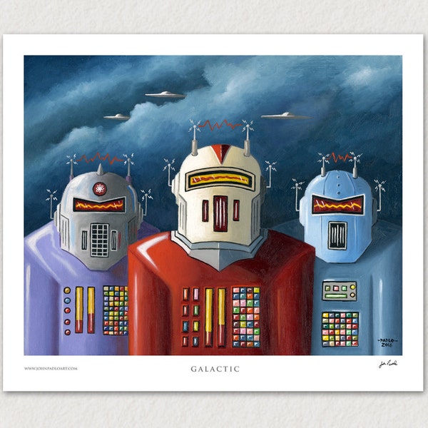 Galactic Poster Print, 13" x 15", Vintage Robots, Tin Robot Artwork, UFO, Area 51, Retro Poster, John Padlo