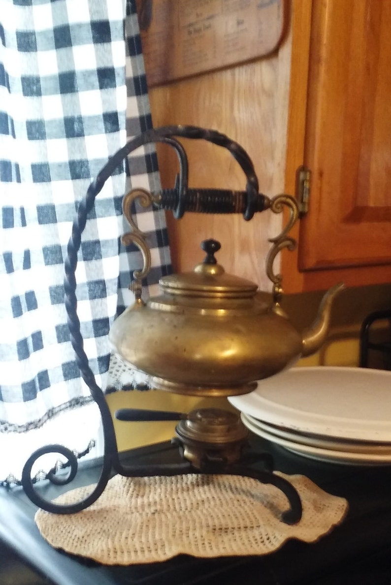 Antique Brass teapot with wrought iron stand and fuel burner. Etsy
