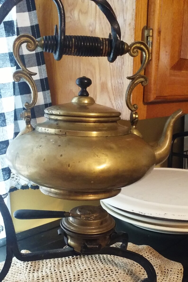 Antique Brass teapot with wrought iron stand and fuel burner. Etsy