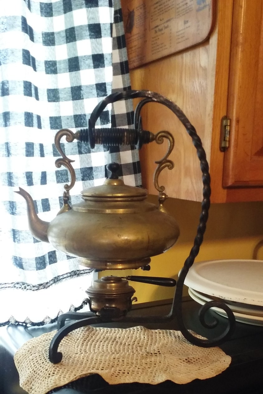 Antique Brass teapot with wrought iron stand and fuel burner. Etsy