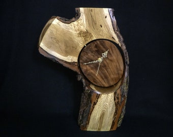 Table Clock: Red Oak Base & Walnut Burl Face, Live Edge Wood Accent