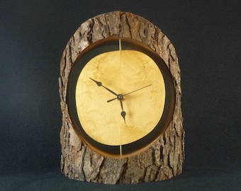 Table Clock: Reversible Spalted Cherry Base, Book Matched Curly Maple Face