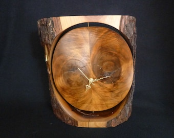 Clock (#425), Table, Reversible - Base-Cherry Live Edge and Spalted; Face-Walnut Book Matched and Burl
