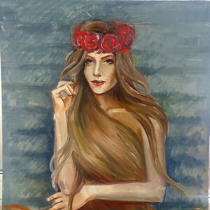 Retrato de jovem bonita menina Grande retrato Antigo de pintura a óleo original realismo Socialista Soviético arte ucraniana artista Harina