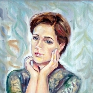 Retrato de jovem bonita menina Grande retrato Antigo de pintura a óleo original realismo Socialista Soviético arte ucraniana artista Ledyan