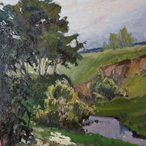 Paisagem da primavera Pintura a óleo antiga Arte soviética original Artista ucraniano Zhabinsky L.A. 70-55 1970