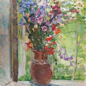 Natureza morta com flores Pintura a óleo antiga Arte soviética original Artista ucraniano Kapkanets T.N. 70-50 1970