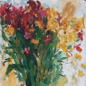 Natura morta con fiori Pittura a olio antica originale arte sovietica artista ucraino Stretsenko A.Yu. 43-28