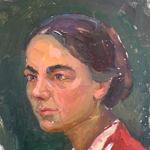 Retrato de mulher Pintura a óleo antiga original Realismo socialista Arte soviética Artista ucraniano Sokolovsky G. 32-23 anos 1960