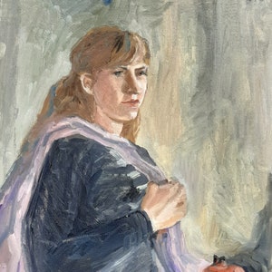 Retrato Mulher soviética Retrato grande Pintura a óleo antiga Arte soviética original Artista ucraniano Stretsenko A.Yu. 60-40