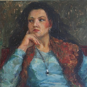Retrato jovem linda menina Grande retrato masculino Pintura a óleo antiga original Realismo socialista Artista ucraniano Nikolenko A.V.