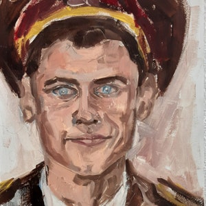 Retrato Militar soviético Antigo pintura a óleo original Realismo socialista Arte soviética Artemieva A. Artemieva A. 29.5-24