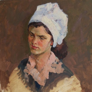 Retrato Mulher soviética Pintura a óleo antiga Realismo socialista original Artista ucraniano soviético Yablonovsky P. 50-40 1973
