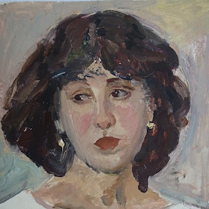 Retrato menina bonita jovem Antiga pintura a óleo original Realismo socialista Arte soviética Artista ucraniano Nedoshovenko T.F. 32-27 1980