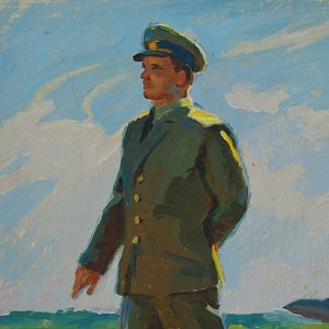 O cosmonauta soviético Militar, espaço de pintura Antiga da pintura a óleo original realismo Socialista Soviética ucraniana artista g.