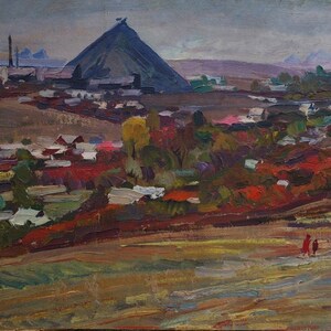 Paisagem Rural Antiga da pintura a óleo original realismo Socialista Soviético arte ucraniana artista Kravtsov N. F. 50-80 1964