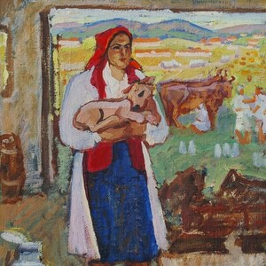 fazenda shorses vacas fazenda coletiva de Antiguidades, pintura a óleo original realismo Socialista Soviético arte ucraniana artista