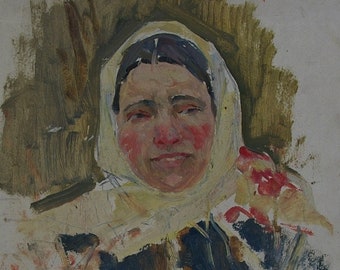 Portrait de femme Soviétique Grand portrait Antique peinture à l'huile originale réalisme Socialiste Soviétique ukrainienne artiste