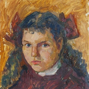 Retrato menina criança de Antiguidades, pintura a óleo original realismo Socialista Soviético arte ucraniana artista Balykov Yu. 51-35 1982