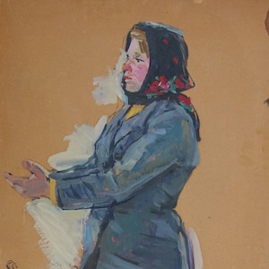 Retrato da menina bonita Grande retrato Antigo de pintura a óleo original realismo Socialista Soviético arte ucraniana artista Usikova E.