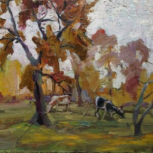 Vaca pintura coletiva farm original da pintura a óleo da arte Soviética ucraniana artista Iskam V. 50-65 anos 1970