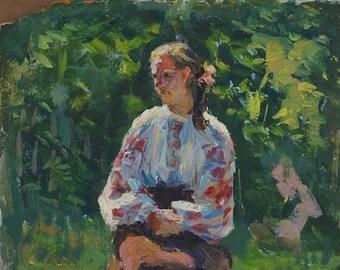 Ukrainienne national du costume Antique peinture à l'huile originale réalisme Socialiste Soviétique d'art, artiste ukrainien Bondarenko S.