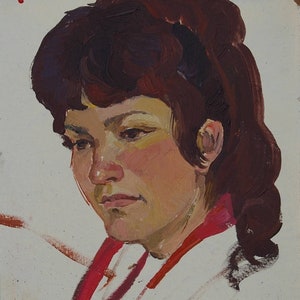 Retrato a óleo menina bonita Antiga da pintura a óleo original realismo Socialista Soviético arte ucraniana artista Usikova E. 35-27 de 1960