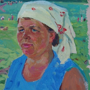 Retrato Soviética mulher Antiga da pintura a óleo original realismo Socialista Soviético arte ucraniana artista g. solodovnikov 26-22.5 de