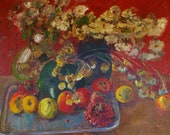 Still-life with flowers and food Antique oil painting original Soviet art Ukrainian artist Maksimenko N.A. 80-90 1970s
