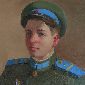 Retrato de soldado das forças armadas Antiga da pintura a óleo original realismo Socialista Soviético arte ucraniana artista g. solodovnikov