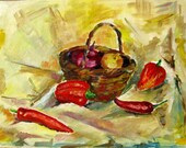 Still life with food Antique oil painting original Soviet art Ukrainian artist 30-40