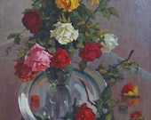 Roses painting Still life with flowers Antique oil painting original Soviet art Ukrainian artist Lapin V. 105,5-83 1978
