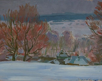 Winter painting Rural landscape Impressionism Antique oil painting original Soviet art Ukrainian artist Bondarenko S 35-25 1970s