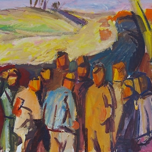 coletiva de trator agrícola combinar operador de Antiguidades, pintura a óleo original realismo Socialista Soviético arte ucraniana artista