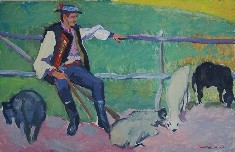 Collective farm Soviet worker Antique oil painting original Socialist shops realism Soviet art Ukrainian artist Pokataeva N. 31-48 1975