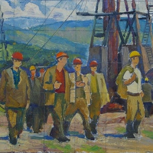 paisagem industrial construção de fábricas de Antiguidades, pintura a óleo original realismo Socialista Soviético arte ucraniana artista