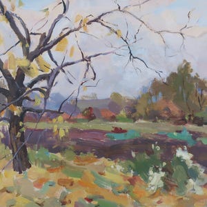 Pintura de Outono Paisagem rural Impressionismo Pintura a óleo antiga Arte soviética original Artista ucraniano Sokolovsky G. 34-49