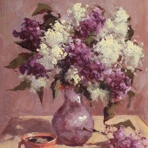 Natureza morta com flores Pintura a óleo antiga Arte soviética original Artista ucraniano Shapoval Yu. 50-40