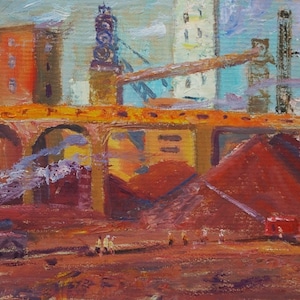 paisagem industrial de construção Antiga da pintura a óleo original realismo Socialista Soviético arte ucraniana artista Mishurovsky V. V.