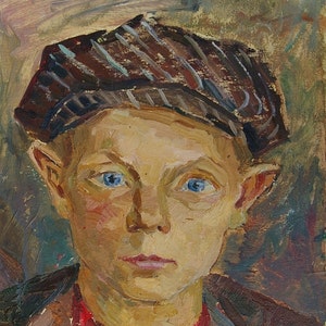 Retrato de menino jovem filho de Antiguidades, pintura a óleo original realismo Socialista Soviético arte ucraniana artista Balykova E.