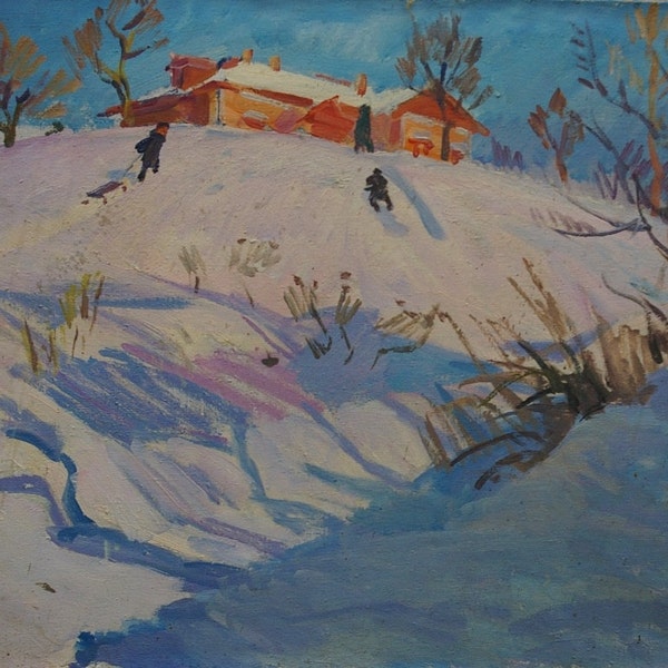 Winter painting Rural landscape Impressionism Antique oil painting original Soviet art Ukrainian artist Kozik V. 50-60 1965